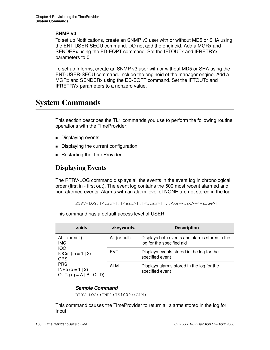 Symmetricom 1100, 1000 manual System Commands, Displaying Events, Ioc Evt, Gps Prs Alm 