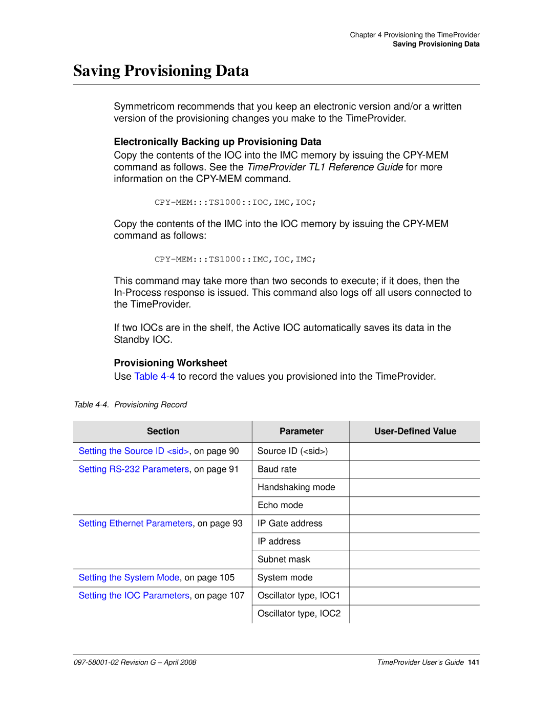 Symmetricom 1000, 1100 manual Saving Provisioning Data, Electronically Backing up Provisioning Data, Provisioning Worksheet 