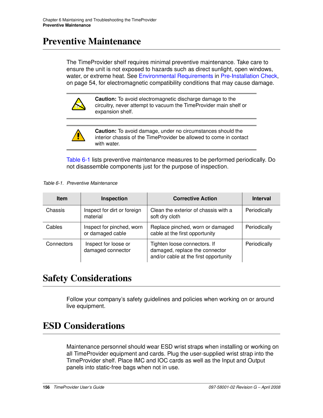 Symmetricom 1100 Preventive Maintenance, Safety Considerations, ESD Considerations, Inspection Corrective Action Interval 