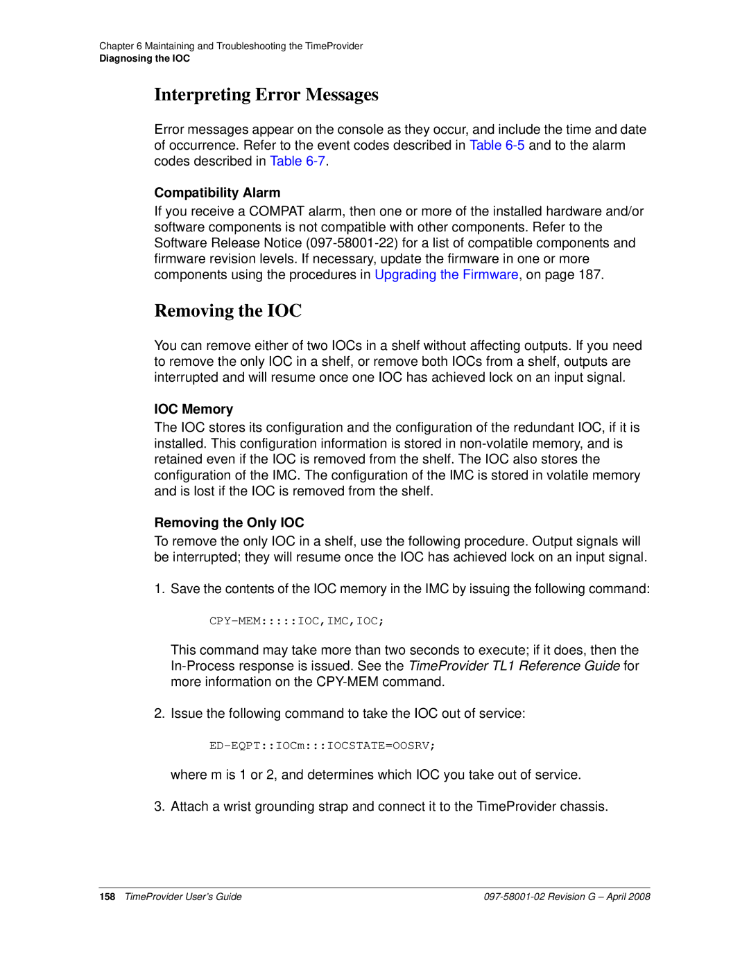 Symmetricom 1100 Interpreting Error Messages, Removing the IOC, Compatibility Alarm, IOC Memory, Removing the Only IOC 