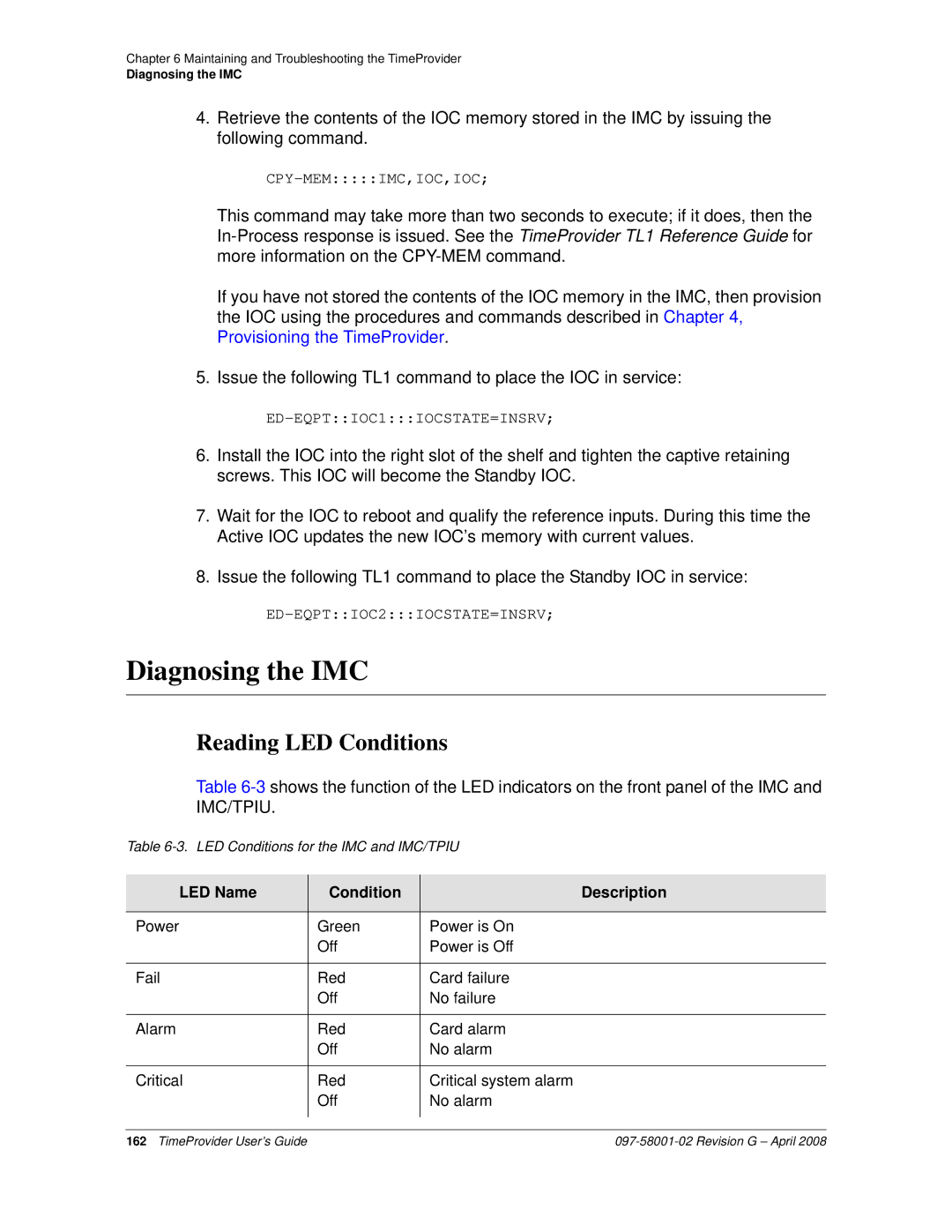 Symmetricom 1100, 1000 manual Diagnosing the IMC, Reading LED Conditions 