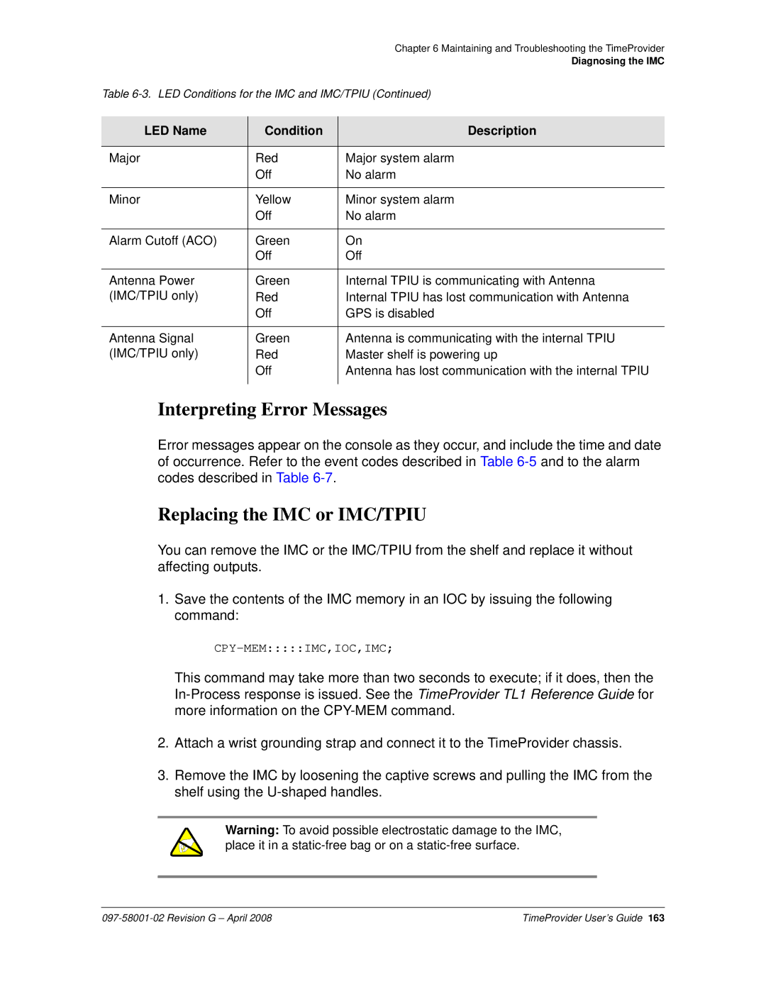 Symmetricom 1000, 1100 manual Interpreting Error Messages, Replacing the IMC or IMC/TPIU 