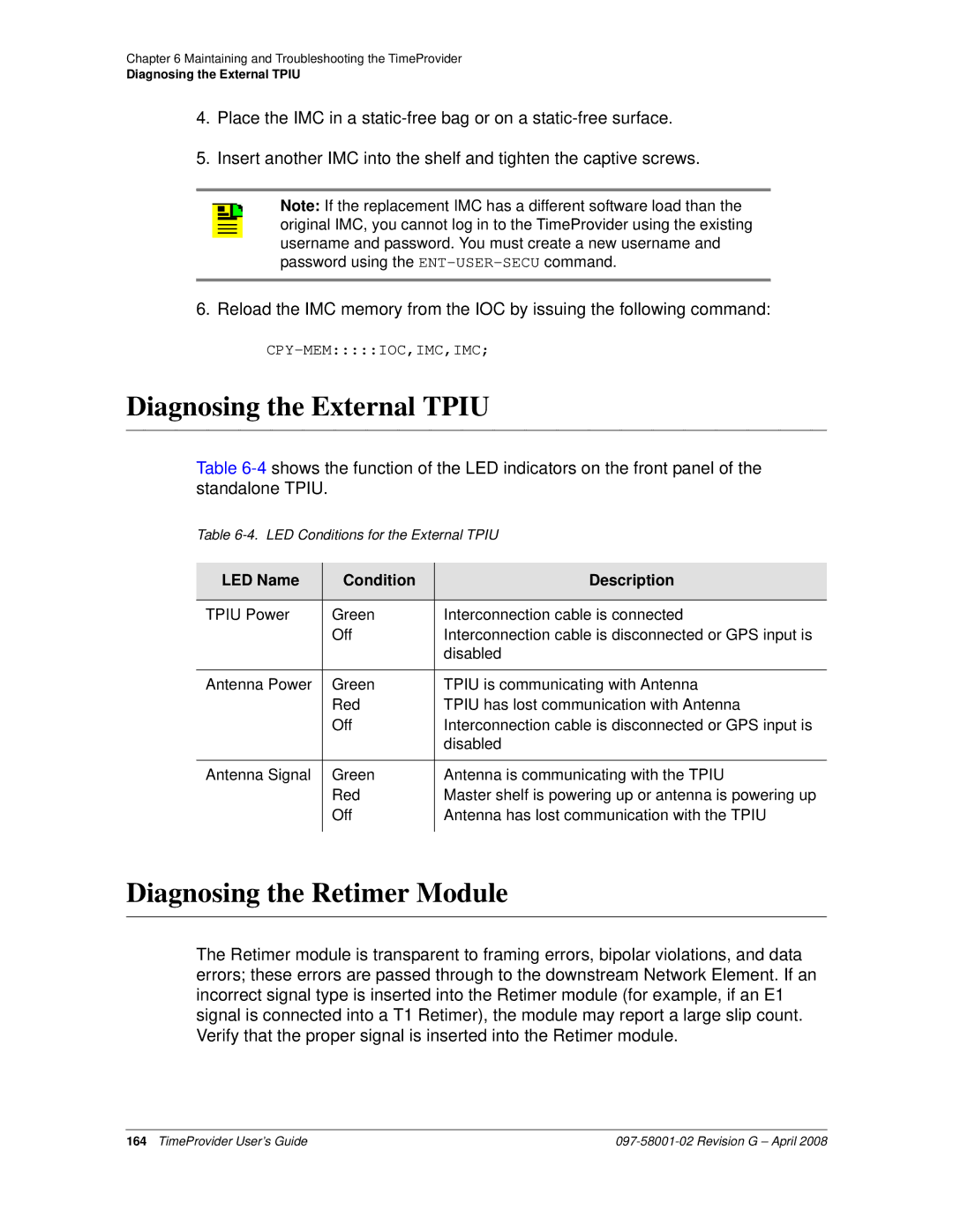 Symmetricom 1100, 1000 manual Diagnosing the External Tpiu, Diagnosing the Retimer Module 