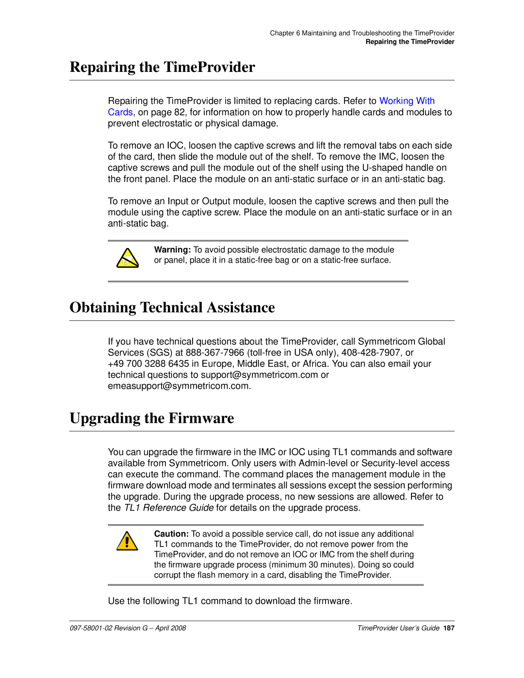 Symmetricom 1000, 1100 manual Repairing the TimeProvider, Obtaining Technical Assistance, Upgrading the Firmware 