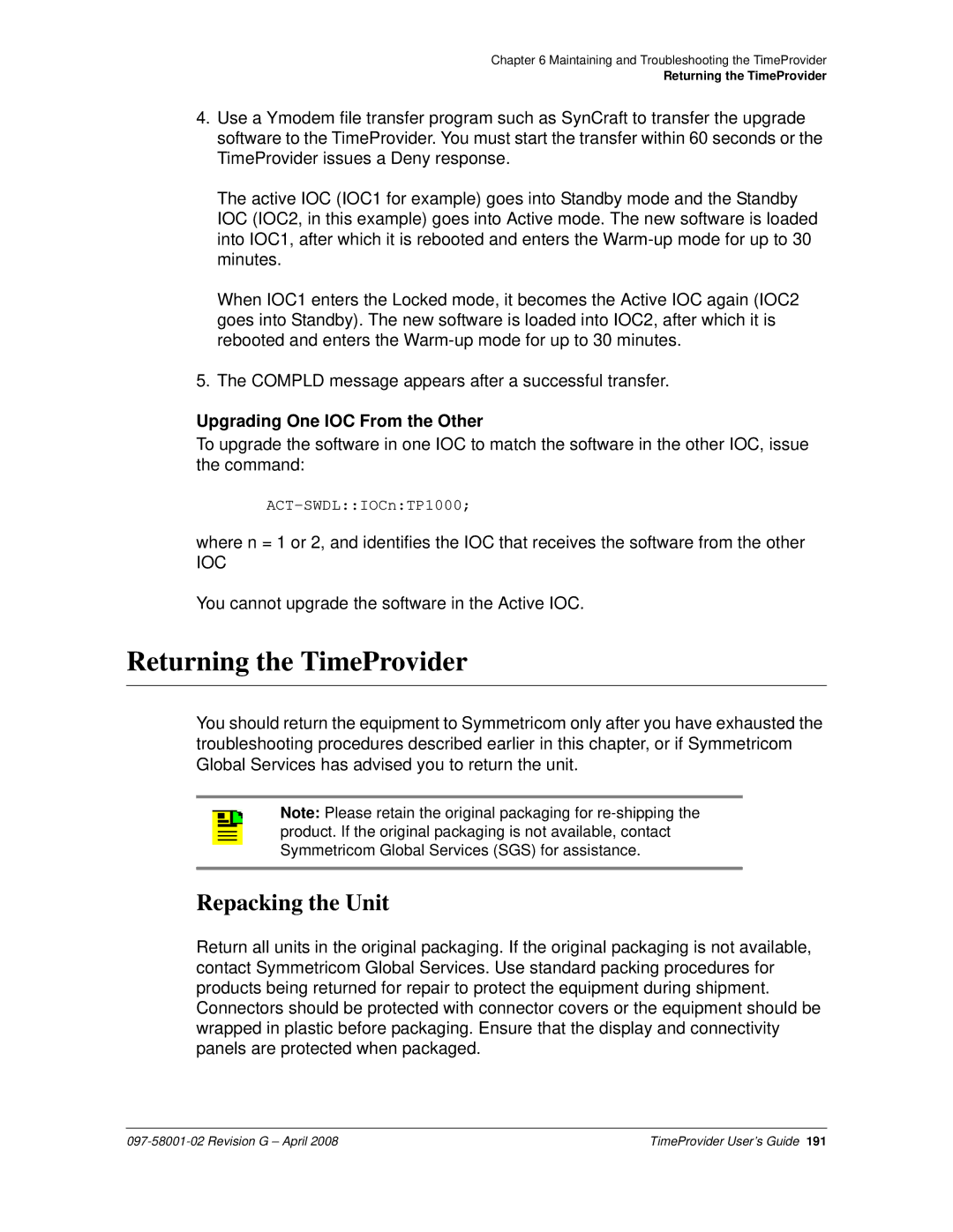 Symmetricom 1000, 1100 manual Returning the TimeProvider, Repacking the Unit, Upgrading One IOC From the Other 
