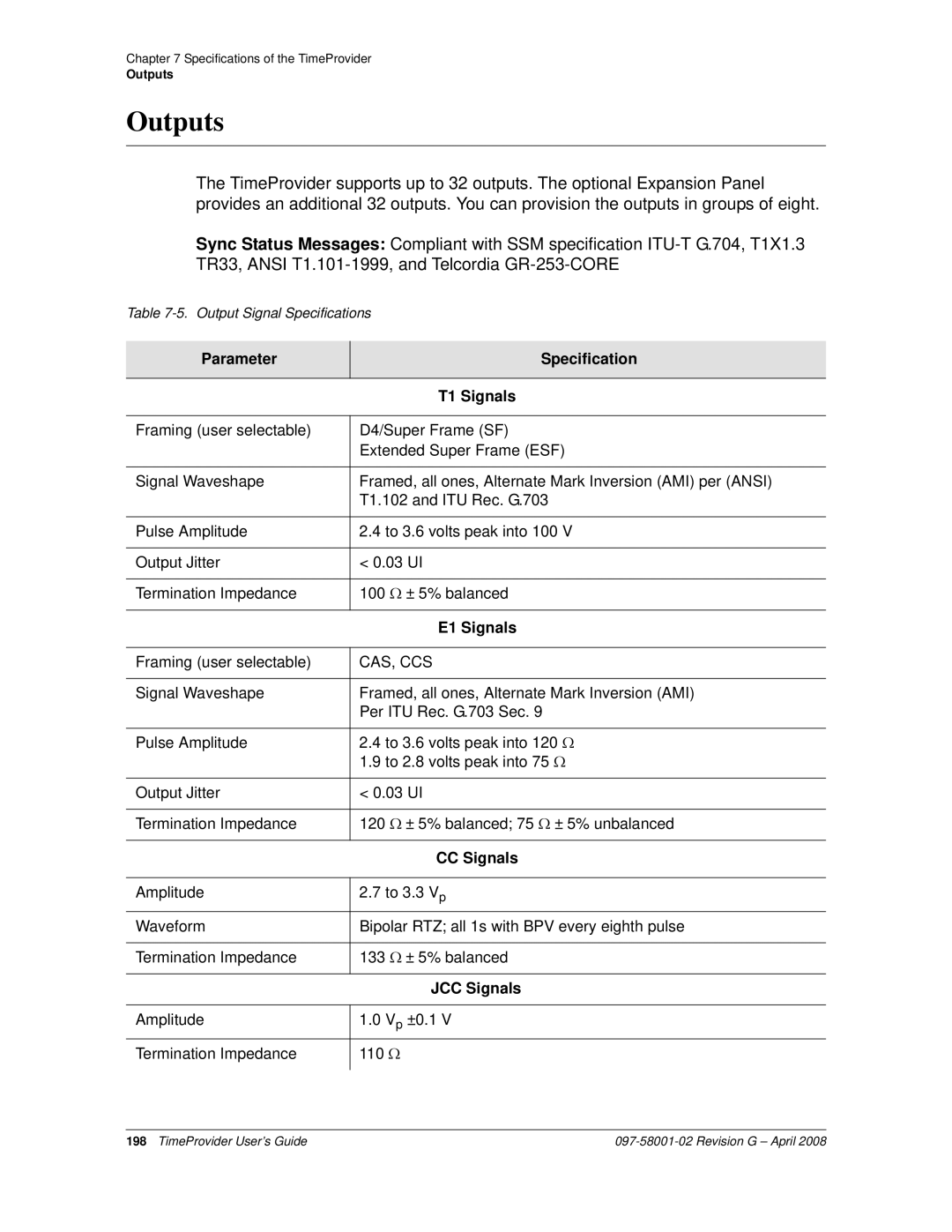 Symmetricom 1100, 1000 manual Outputs, Parameter Specification T1 Signals, E1 Signals, JCC Signals 