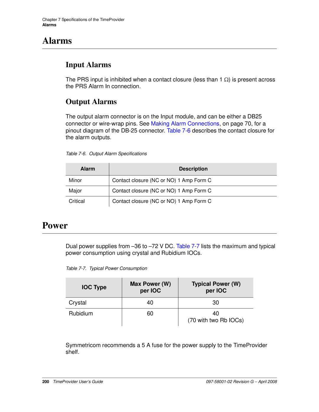 Symmetricom 1100, 1000 manual Power, Input Alarms, Output Alarms, Alarm Description 