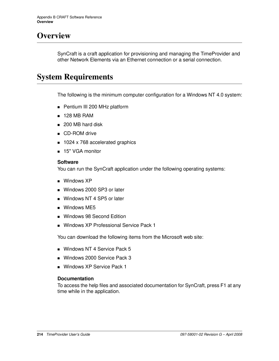 Symmetricom 1100, 1000 manual System Requirements, Software, Documentation 