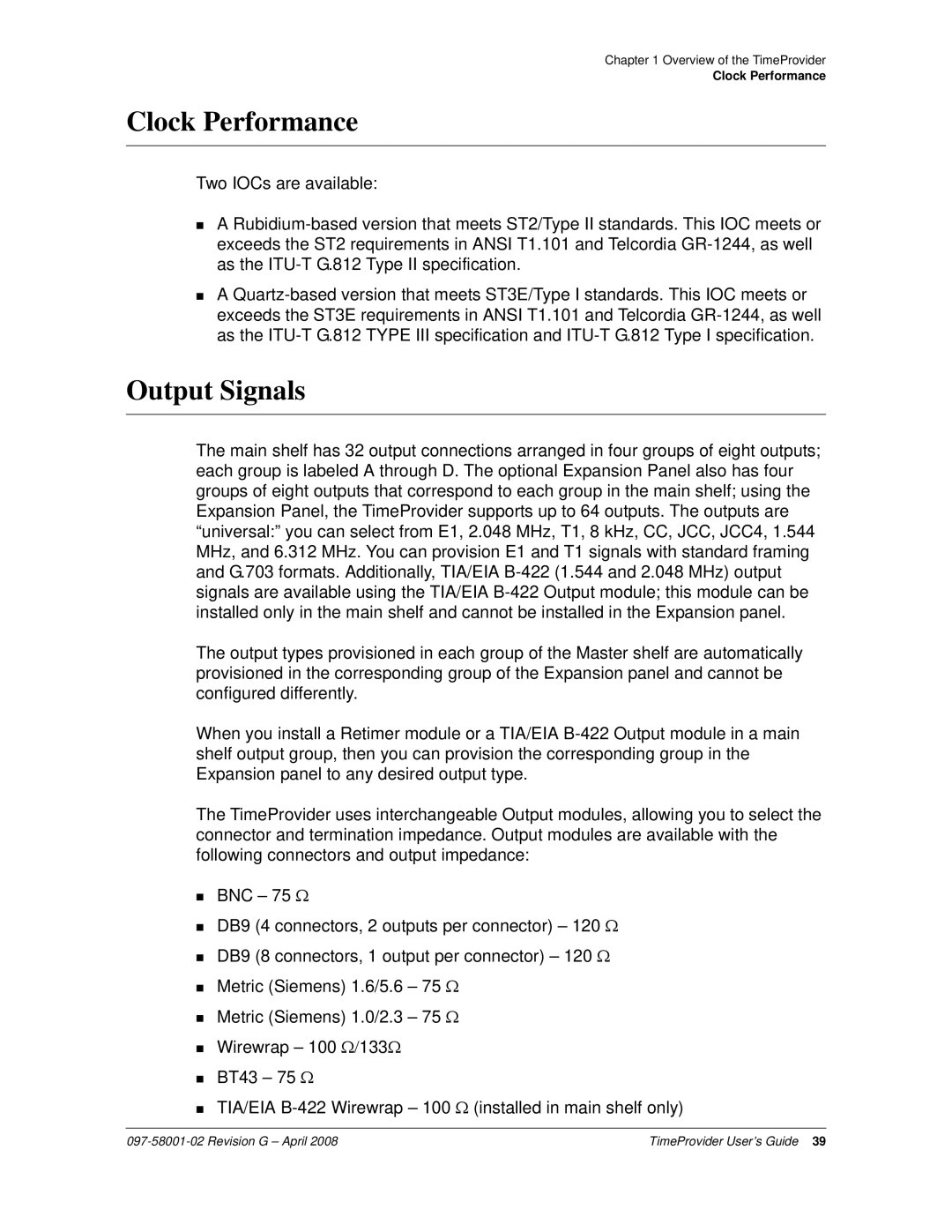 Symmetricom 1000, 1100 manual Clock Performance, Output Signals 