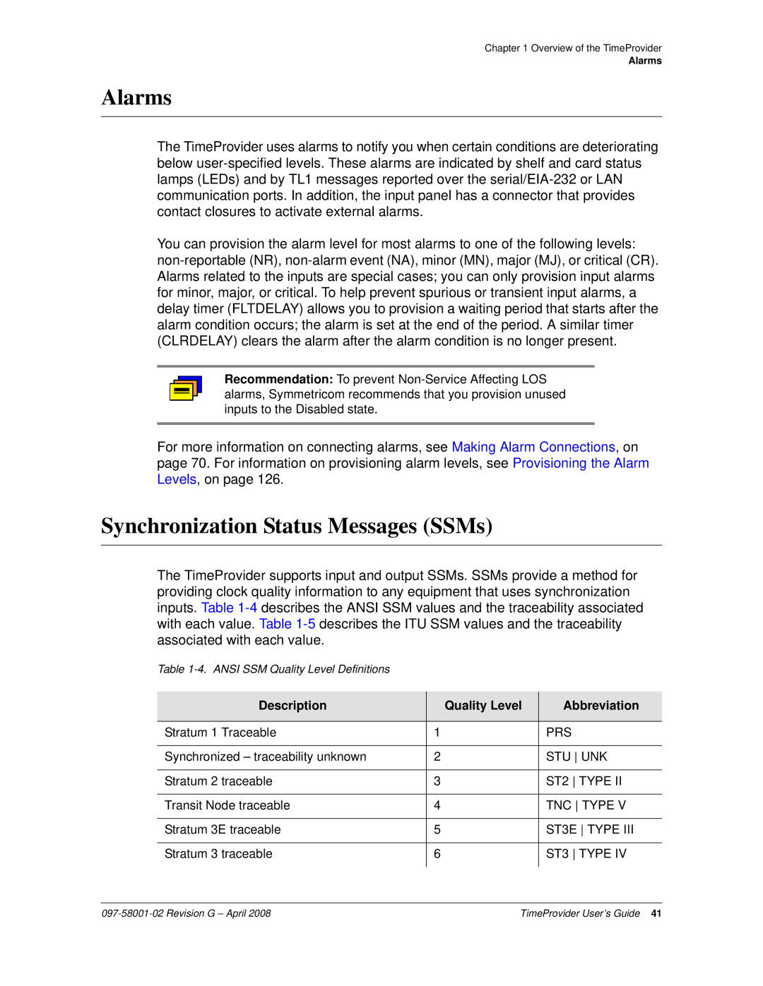 Symmetricom 1000, 1100 manual Alarms, Synchronization Status Messages SSMs, Description Quality Level Abbreviation 