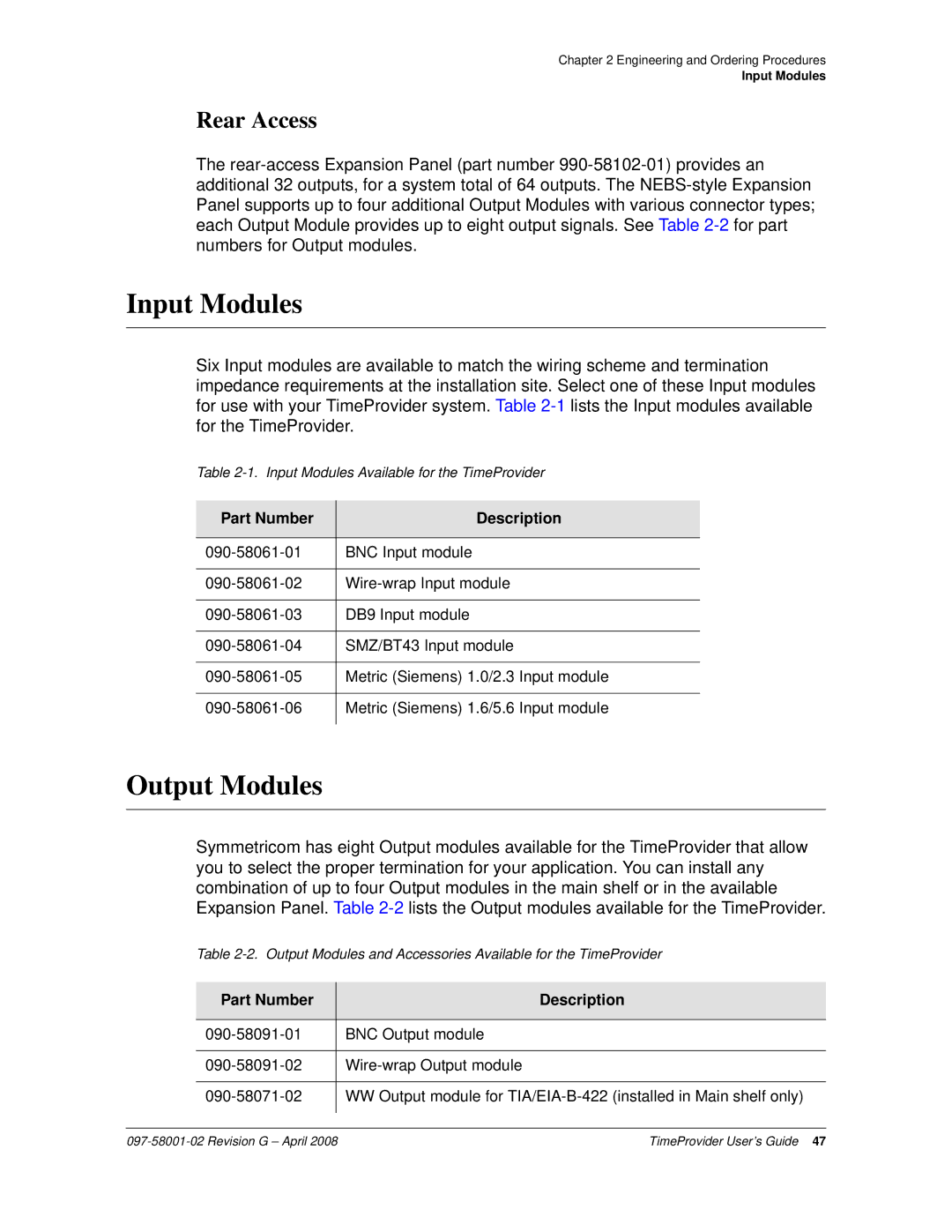 Symmetricom 1000, 1100 manual Input Modules, Output Modules, Rear Access, Part Number Description 