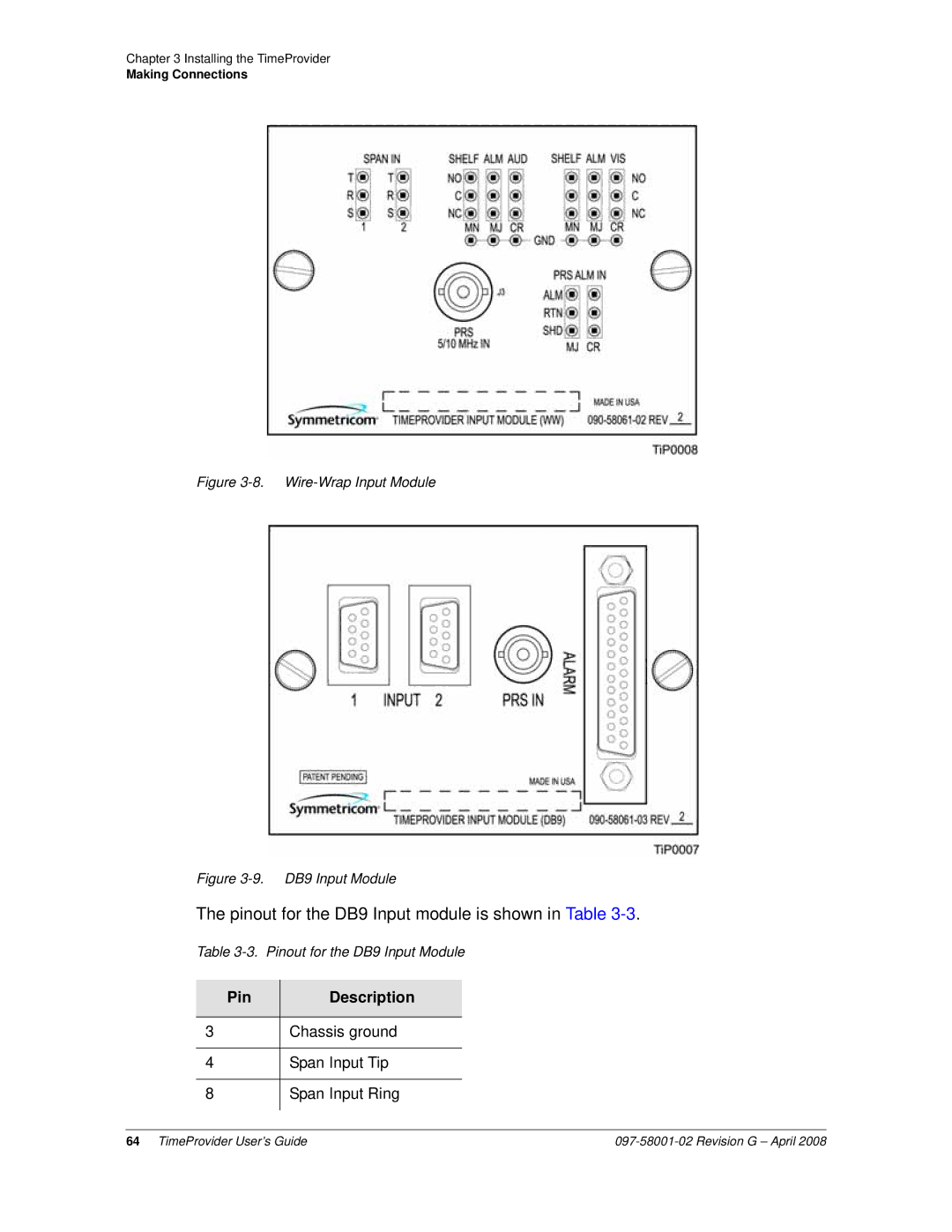 Symmetricom 1100, 1000 manual Pinout for the DB9 Input module is shown in Table, Pin Description 