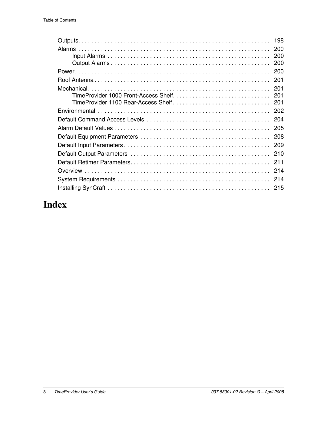 Symmetricom 1100, 1000 manual Index 