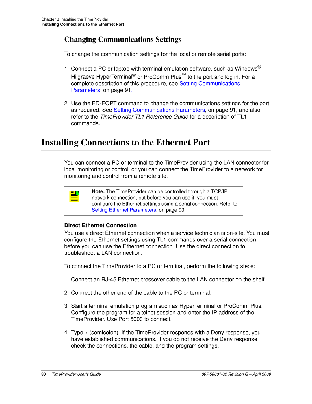 Symmetricom 1100 Installing Connections to the Ethernet Port, Changing Communications Settings, Direct Ethernet Connection 