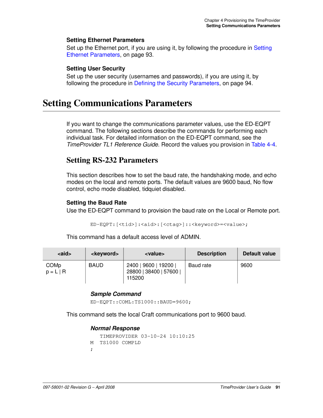 Symmetricom 1000, 1100 manual Setting Communications Parameters, Setting RS-232 Parameters, Setting Ethernet Parameters 