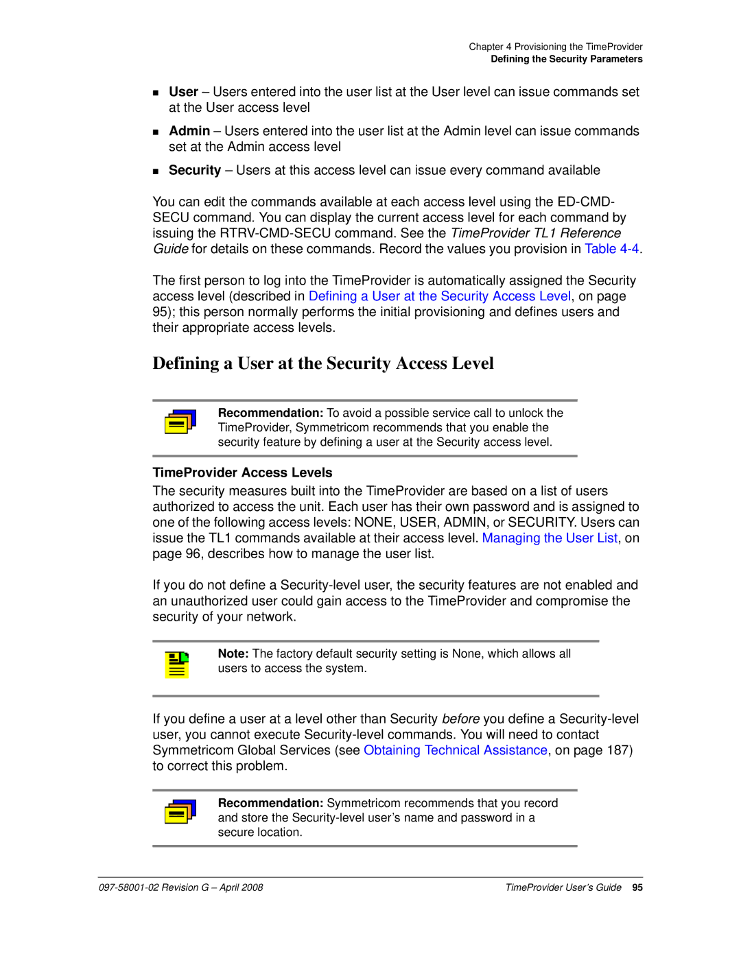 Symmetricom 1000, 1100 manual Defining a User at the Security Access Level, TimeProvider Access Levels 