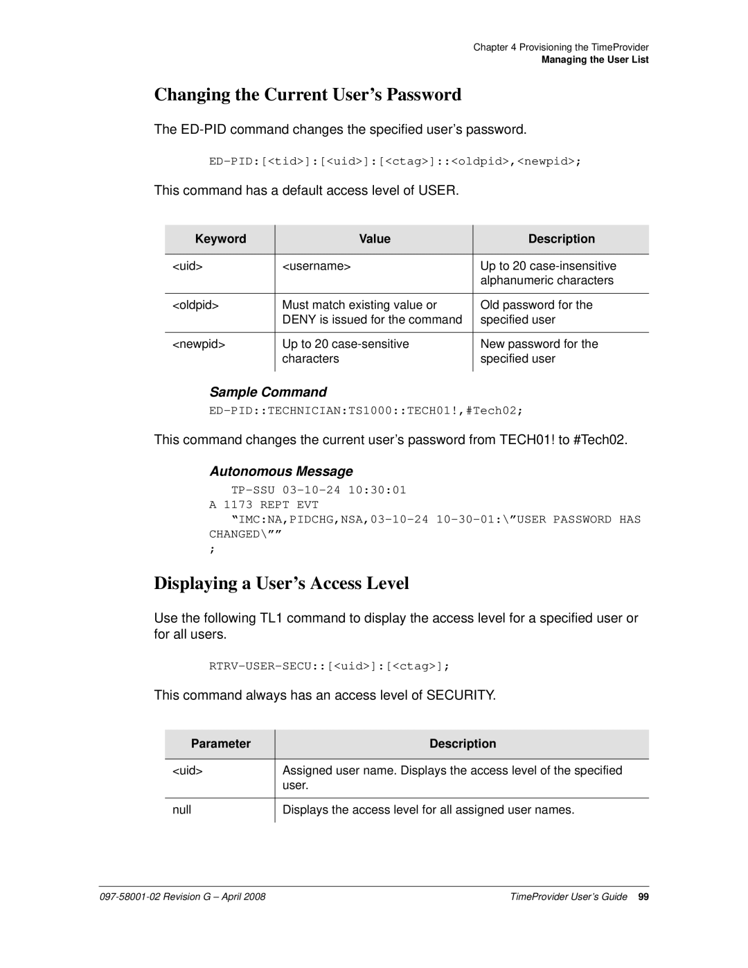 Symmetricom 1000, 1100 Changing the Current User’s Password, Displaying a User’s Access Level, Keyword Value Description 