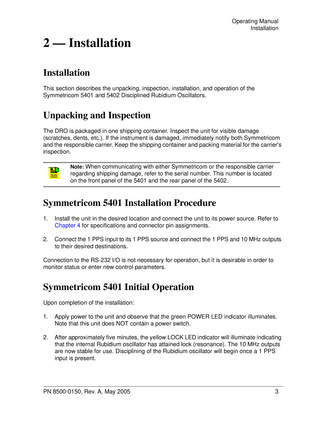 Symmetricom Unpacking and Inspection, Symmetricom 5401 Installation Procedure, Symmetricom 5401 Initial Operation 