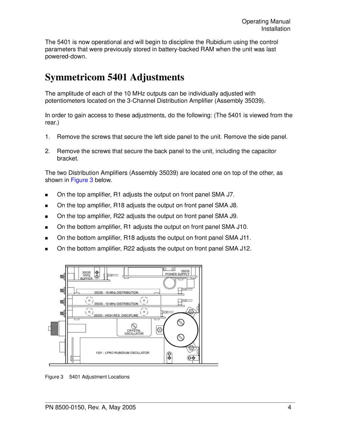 Symmetricom 5402 manual Symmetricom 5401 Adjustments, Adjustment Locations 