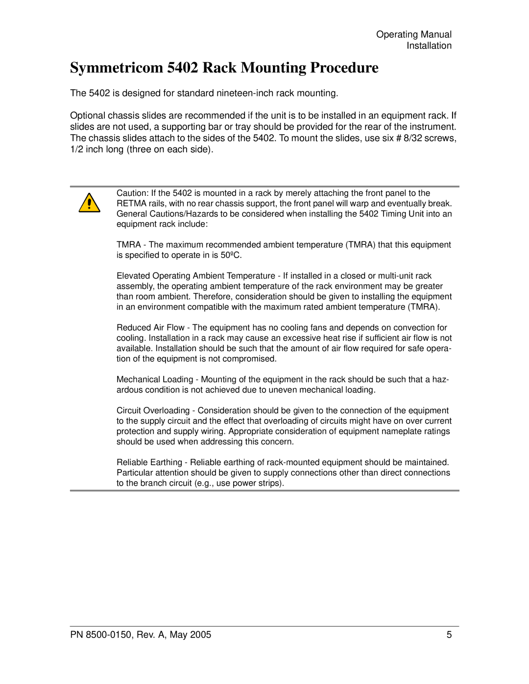 Symmetricom 5401 manual Symmetricom 5402 Rack Mounting Procedure 