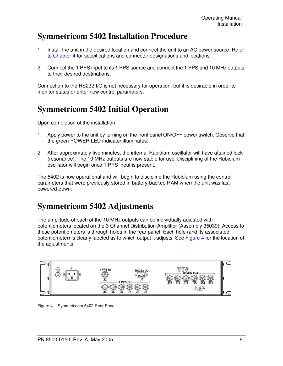 Symmetricom Symmetricom 5402 Installation Procedure, Symmetricom 5402 Initial Operation, Symmetricom 5402 Adjustments 