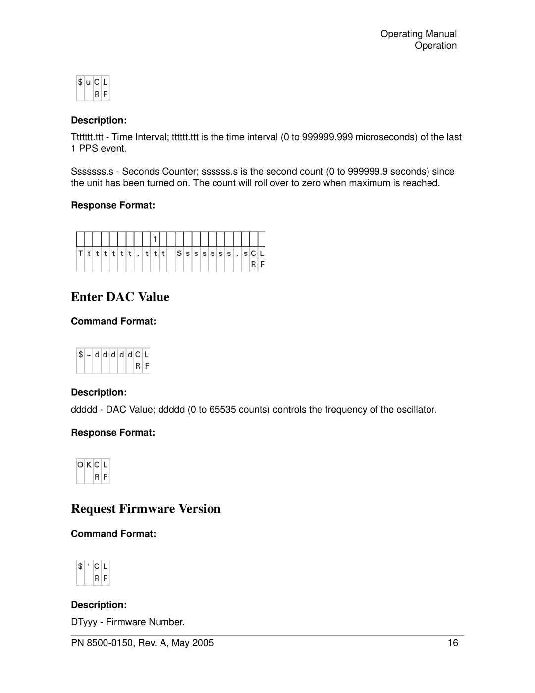 Symmetricom 5402, 5401 manual Enter DAC Value, Request Firmware Version, DTyyy Firmware Number PN 8500-0150, Rev. A, May 