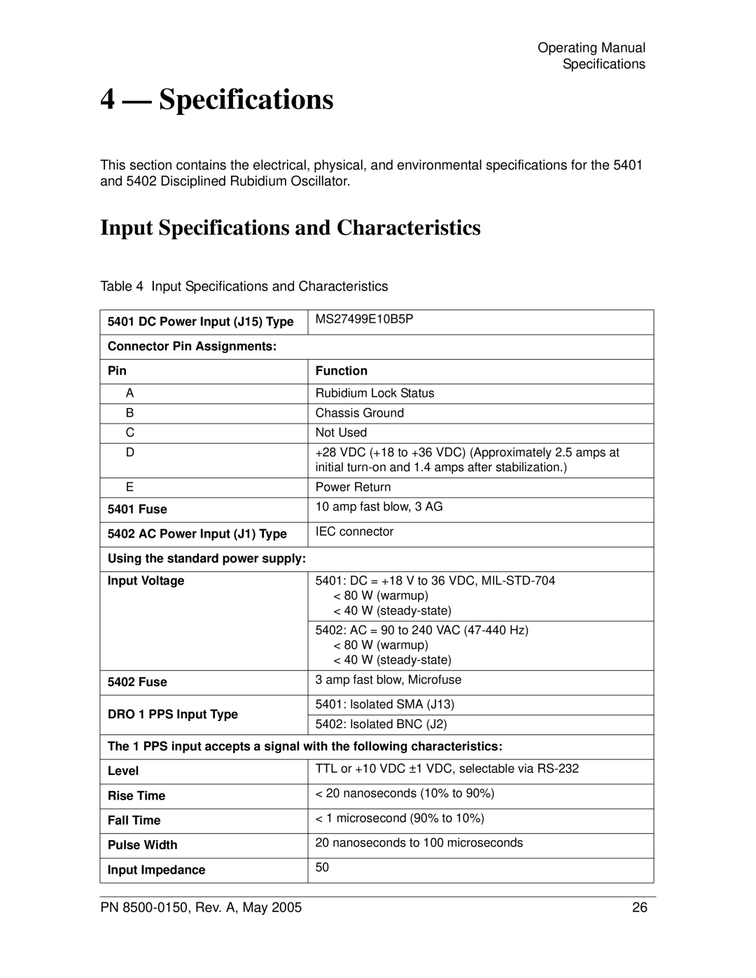 Symmetricom 5402, 5401 manual Input Specifications and Characteristics, Operating Manual Specifications 