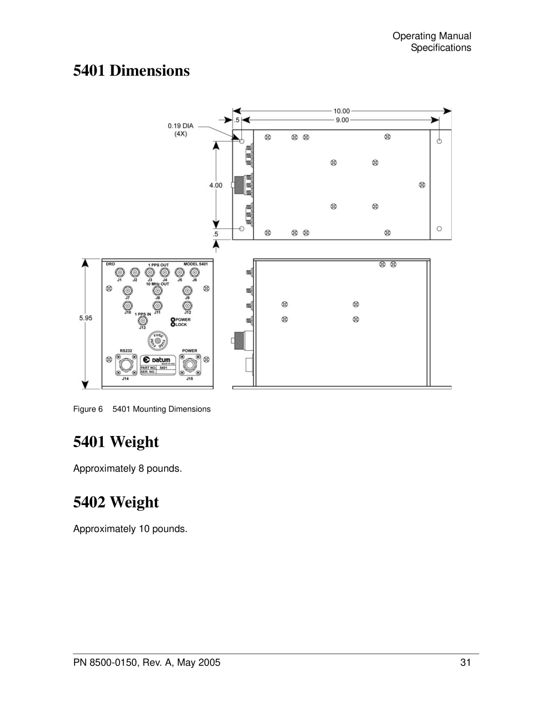 Symmetricom 5401, 5402 manual Dimensions, Weight, Approximately 8 pounds, Approximately 10 pounds PN 8500-0150, Rev. A, May 