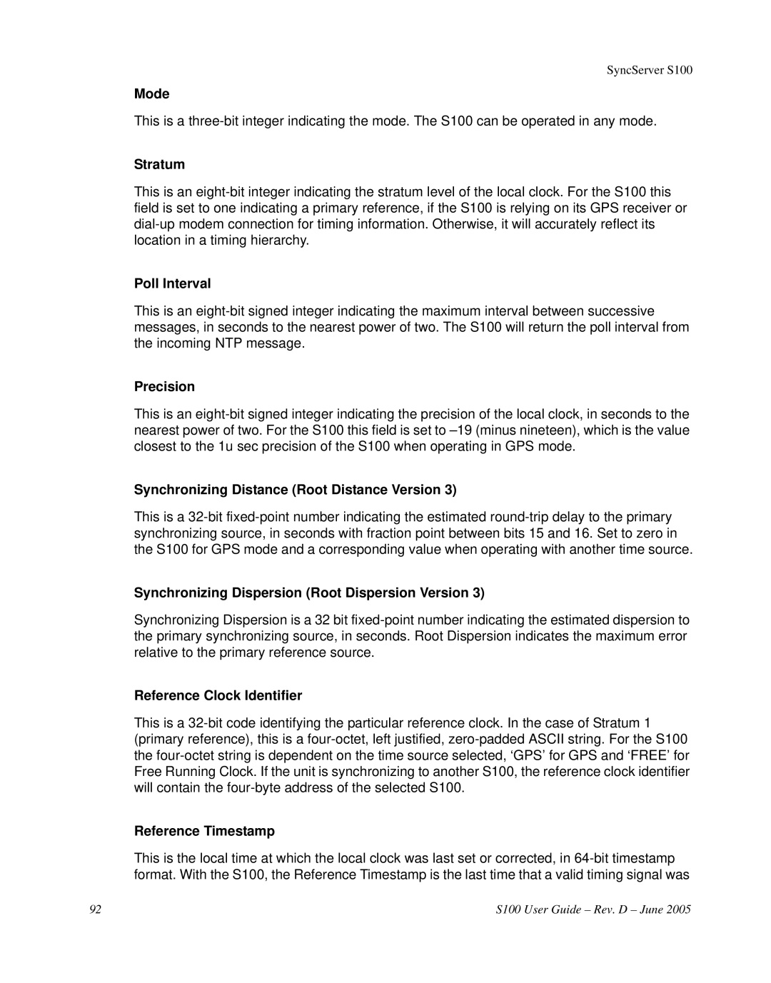 Symmetricom S100 Mode, Stratum, Poll Interval, Synchronizing Distance Root Distance Version, Reference Clock Identifier 