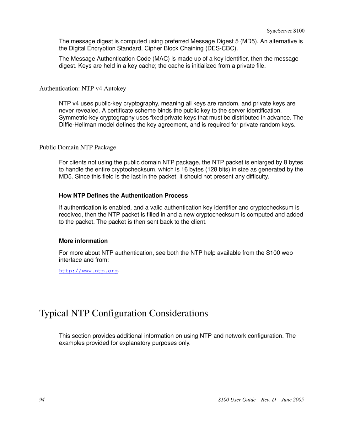 Symmetricom S100 manual Typical NTP Configuration Considerations, Authentication NTP v4 Autokey, Public Domain NTP Package 