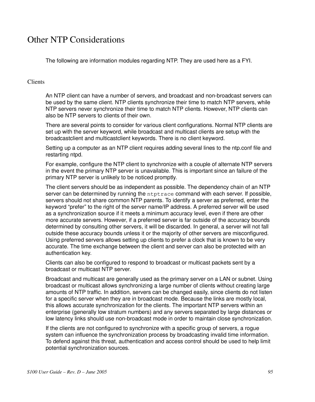 Symmetricom S100 manual Other NTP Considerations, Clients 