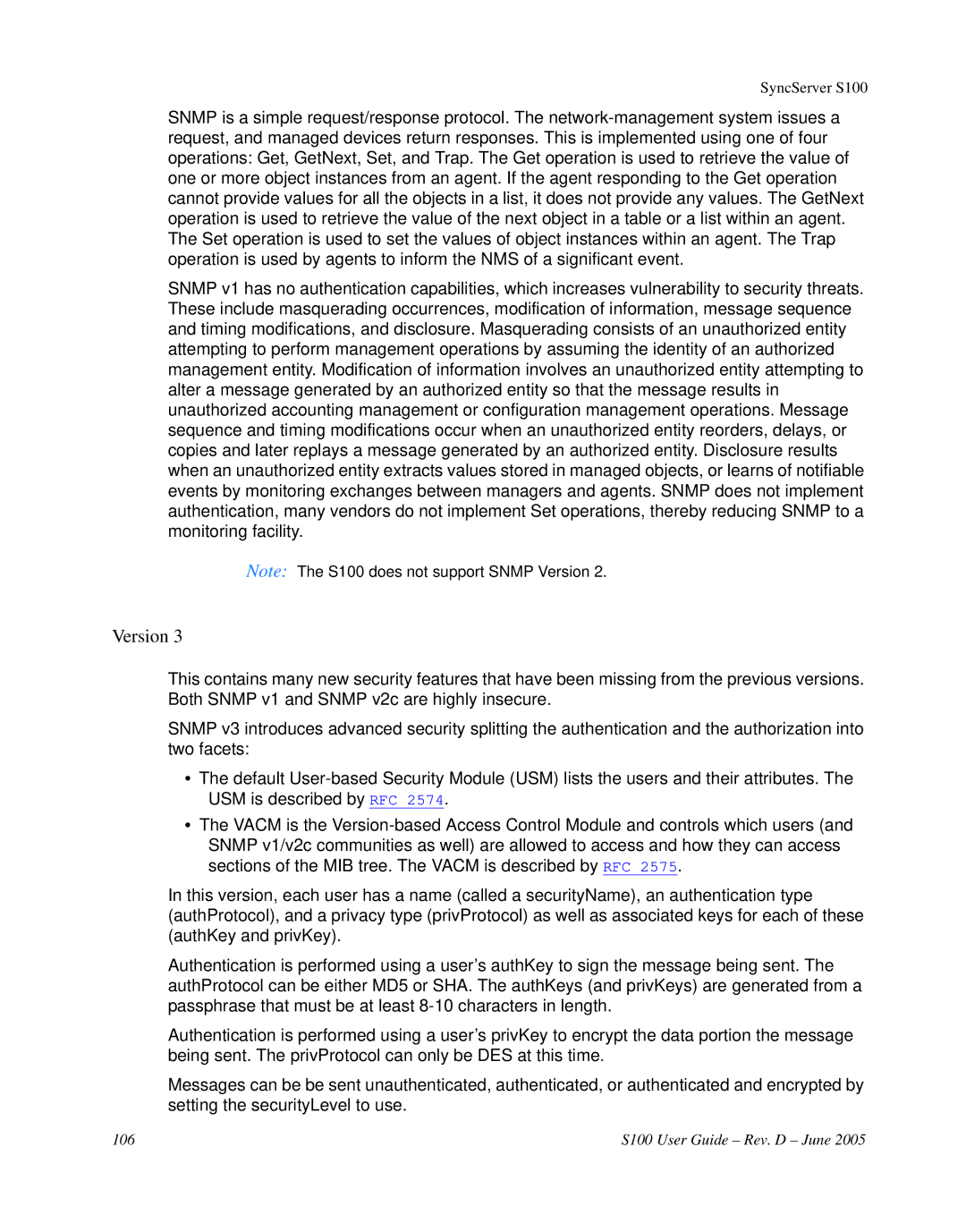 Symmetricom manual 106 S100 User Guide Rev. D June 