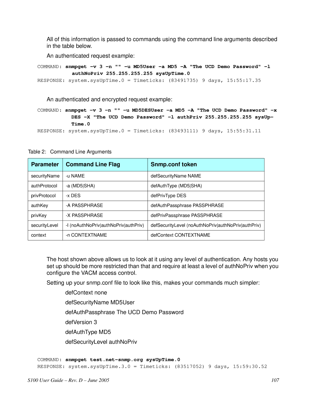 Symmetricom S100 manual An authenticated and encrypted request example, Parameter Command Line Flag Snmp.conf token 