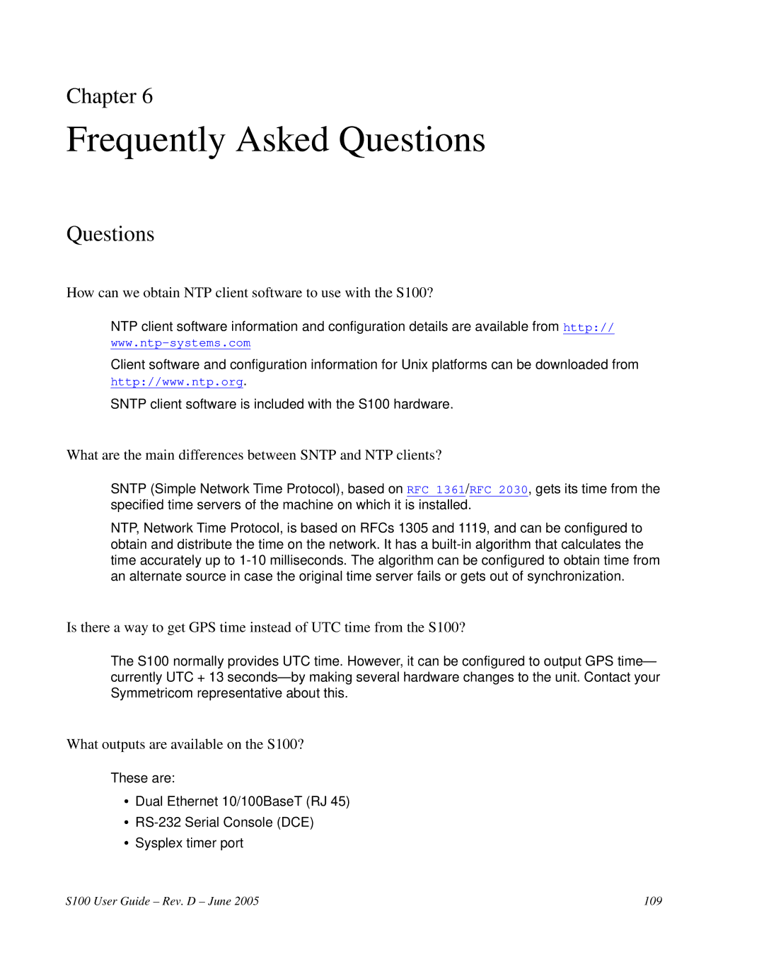 Symmetricom manual Frequently Asked Questions, How can we obtain NTP client software to use with the S100? 