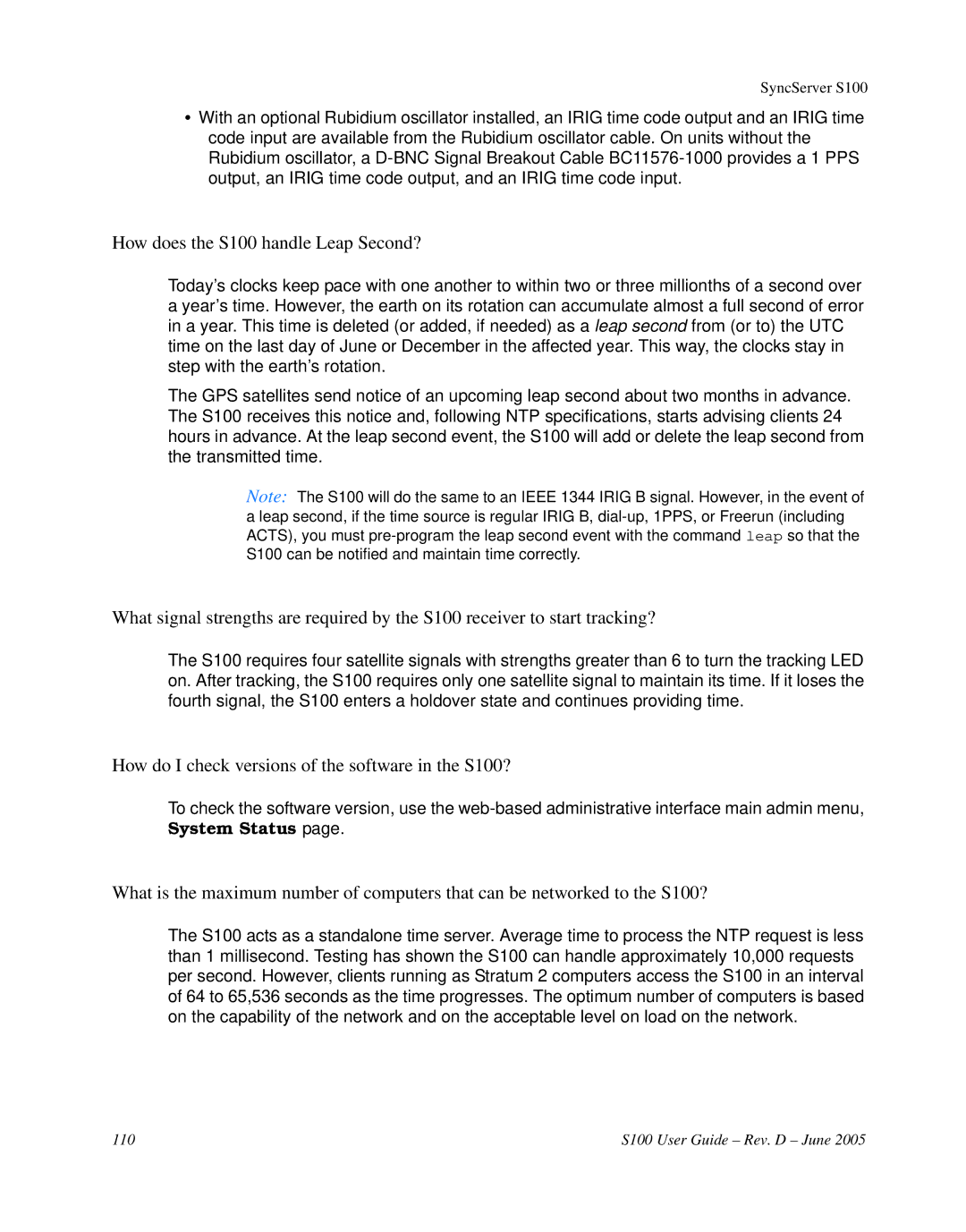 Symmetricom manual How does the S100 handle Leap Second?, How do I check versions of the software in the S100? 