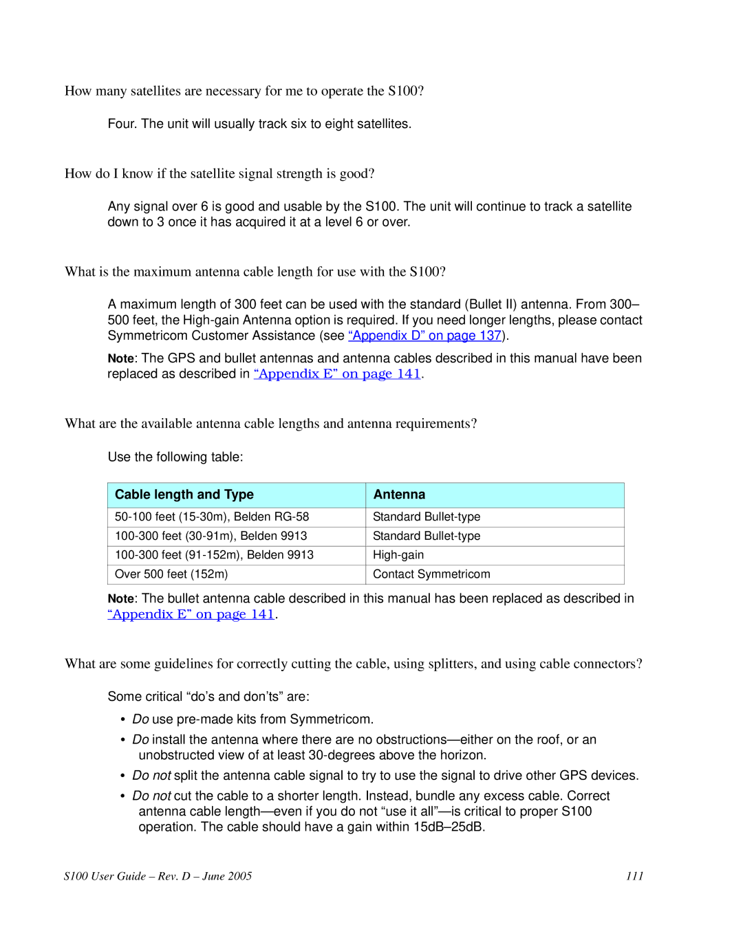 Symmetricom S100 manual How do I know if the satellite signal strength is good?, Cable length and Type Antenna 