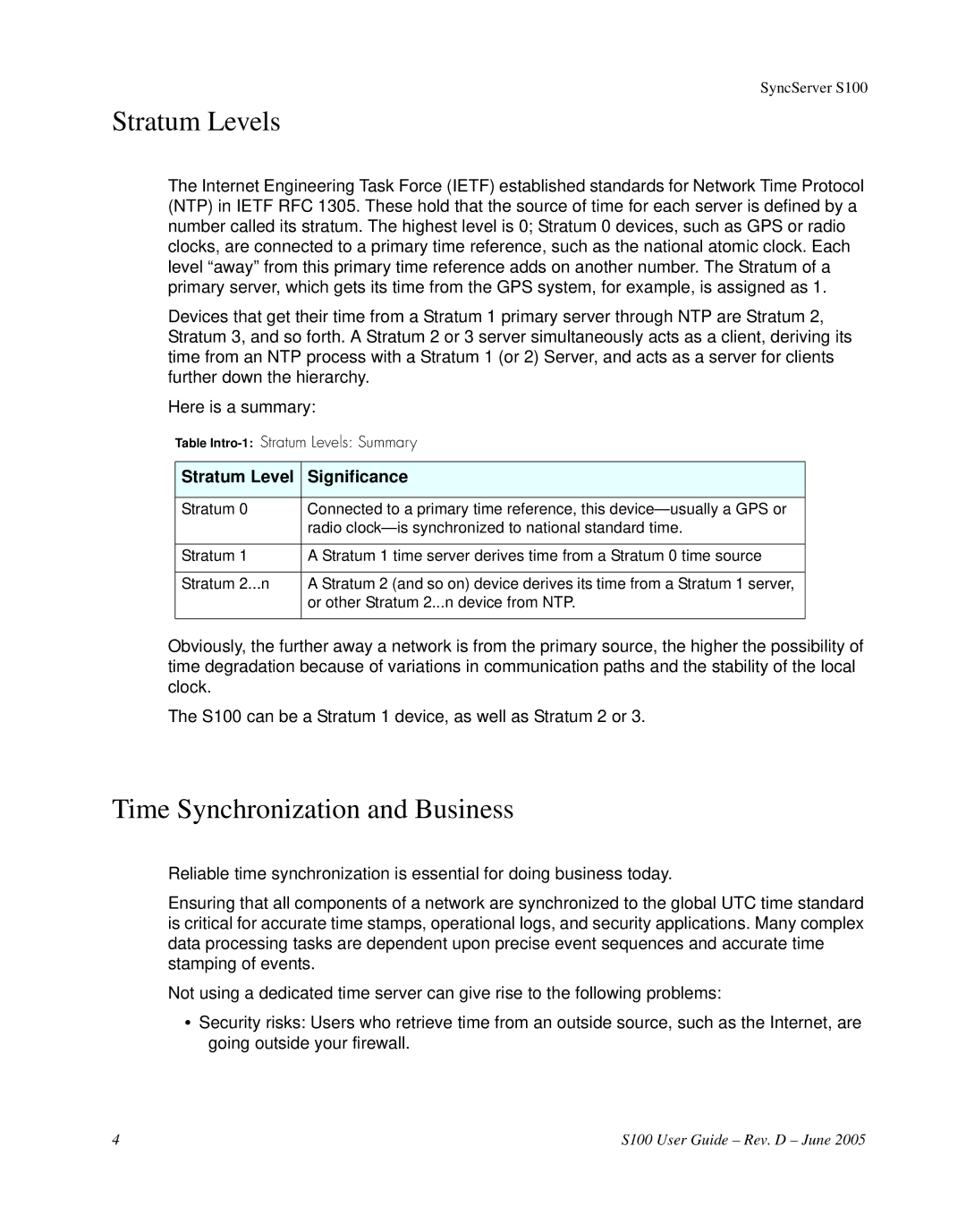 Symmetricom S100 manual Stratum Levels, Time Synchronization and Business, Stratum Level Significance 