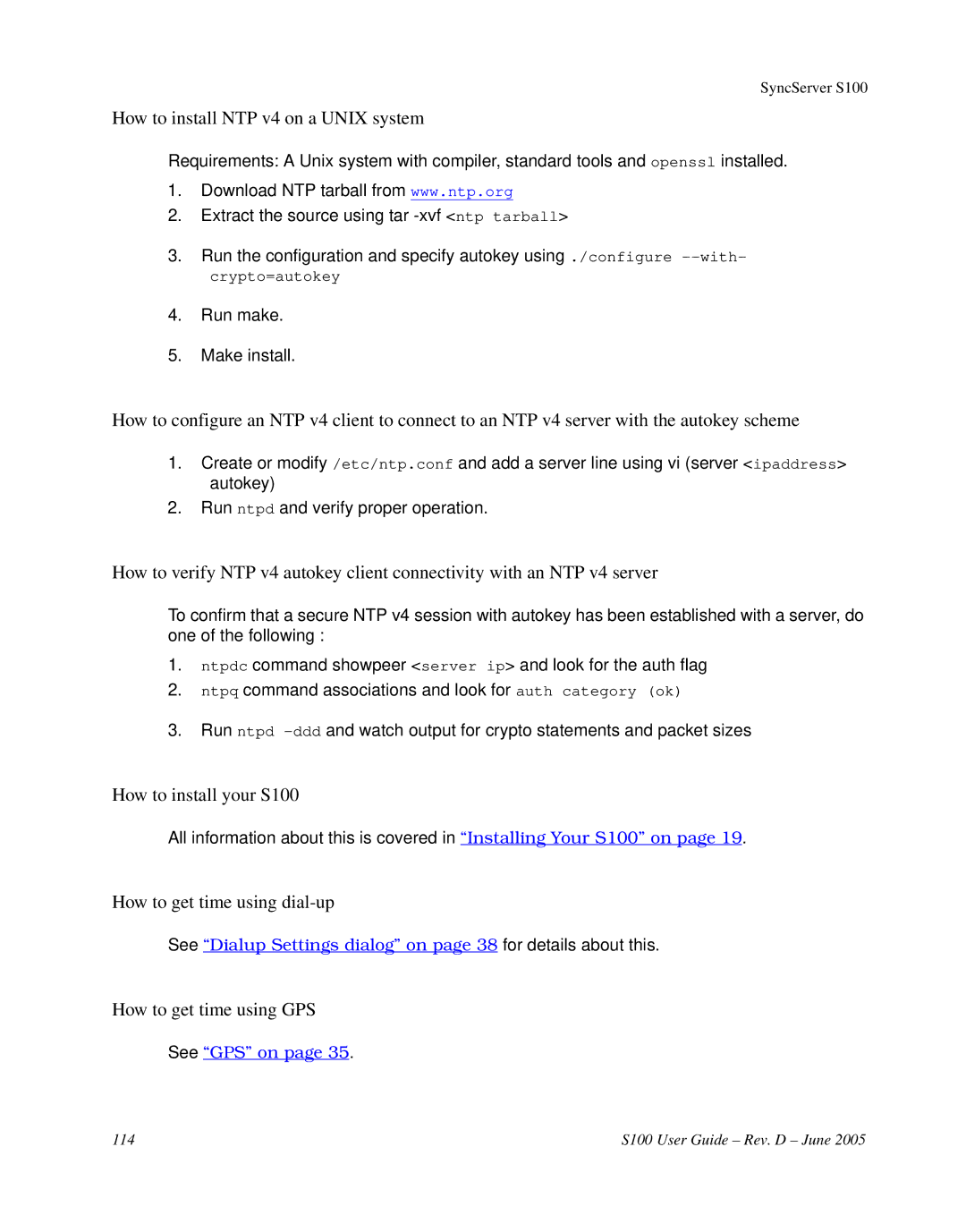 Symmetricom manual How to install NTP v4 on a Unix system, How to install your S100, How to get time using dial-up 