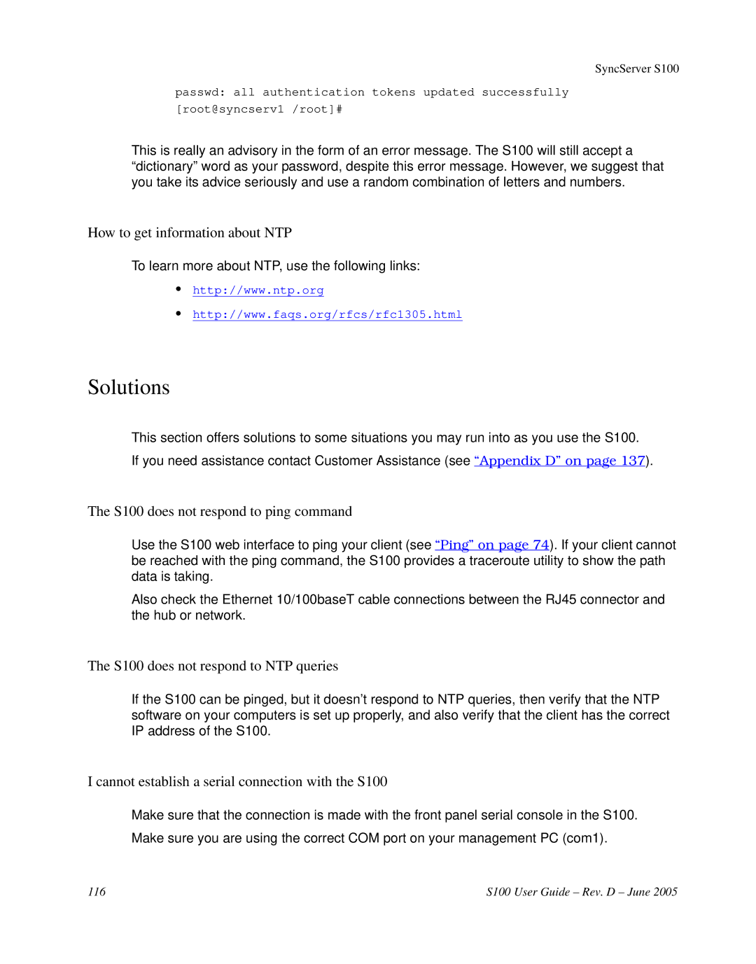 Symmetricom manual Solutions, How to get information about NTP, S100 does not respond to ping command 