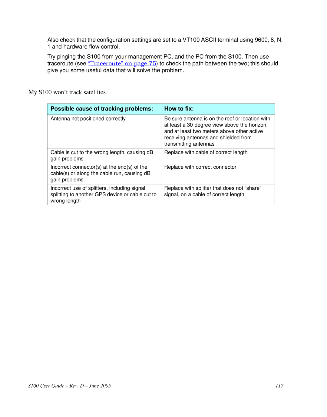 Symmetricom manual My S100 won’t track satellites, Possible cause of tracking problems How to fix 