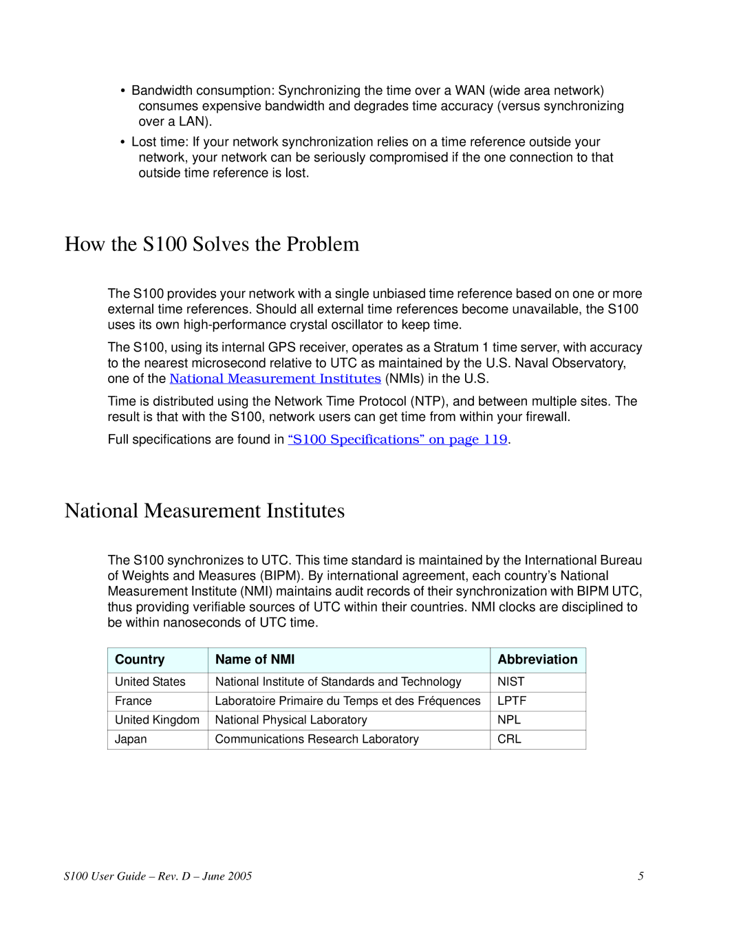 Symmetricom manual How the S100 Solves the Problem, National Measurement Institutes, Country Name of NMI Abbreviation 