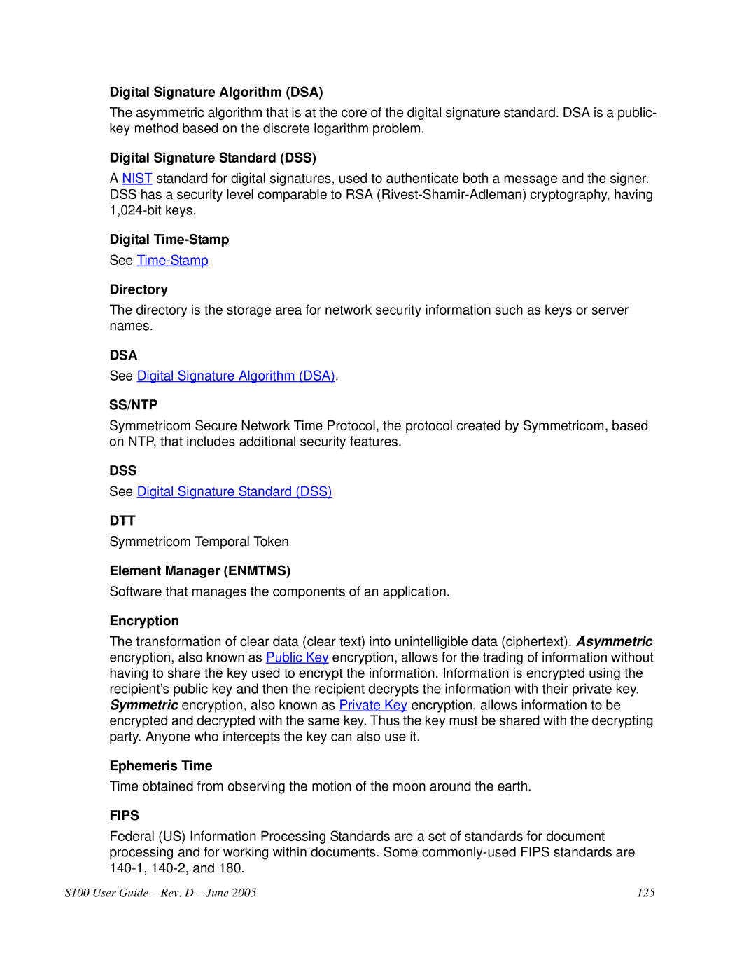 Symmetricom S100 manual Dsa, Ss/Ntp, Dss, Dtt, Fips 