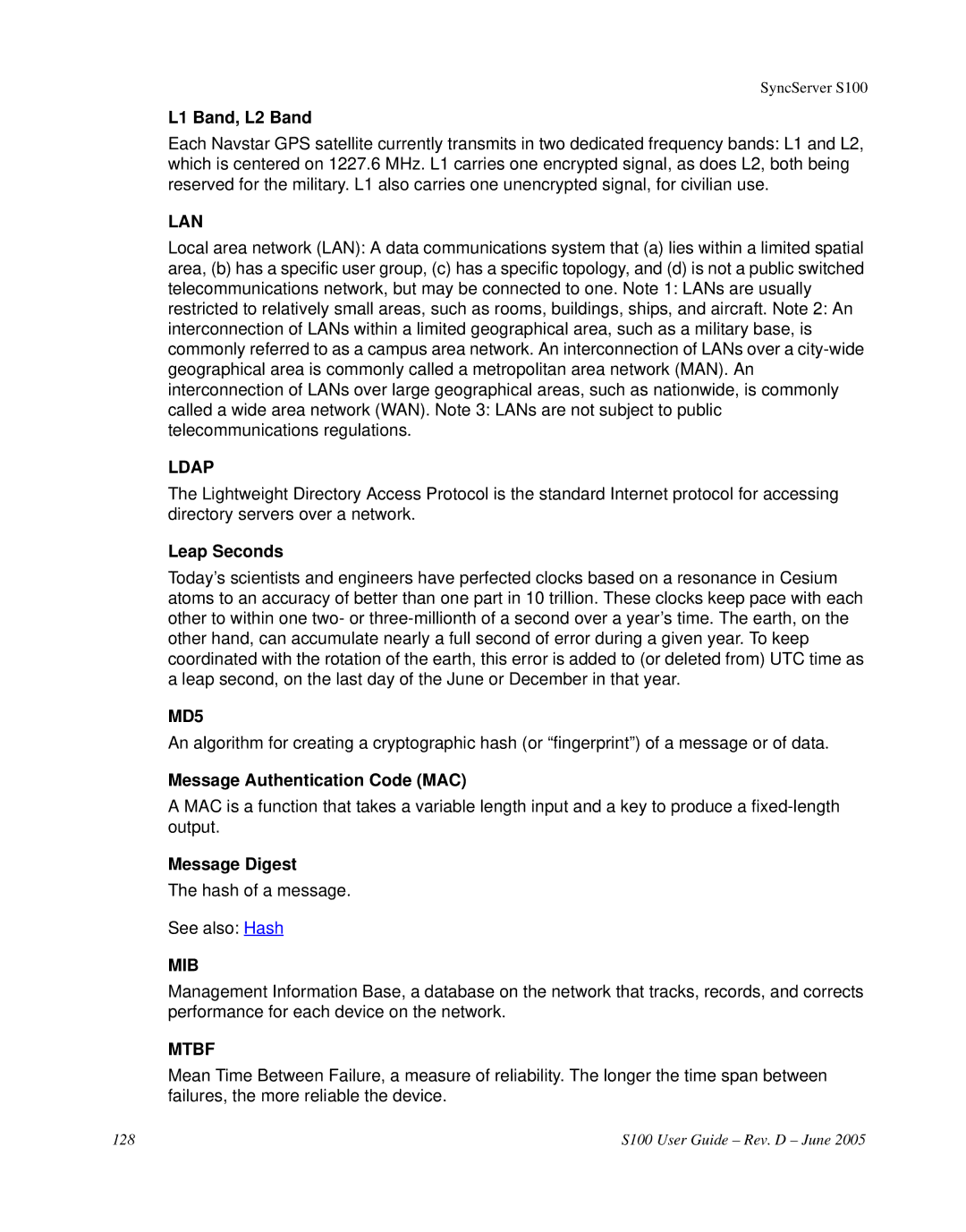 Symmetricom S100 manual Lan, Ldap, MD5, Mib, Mtbf 