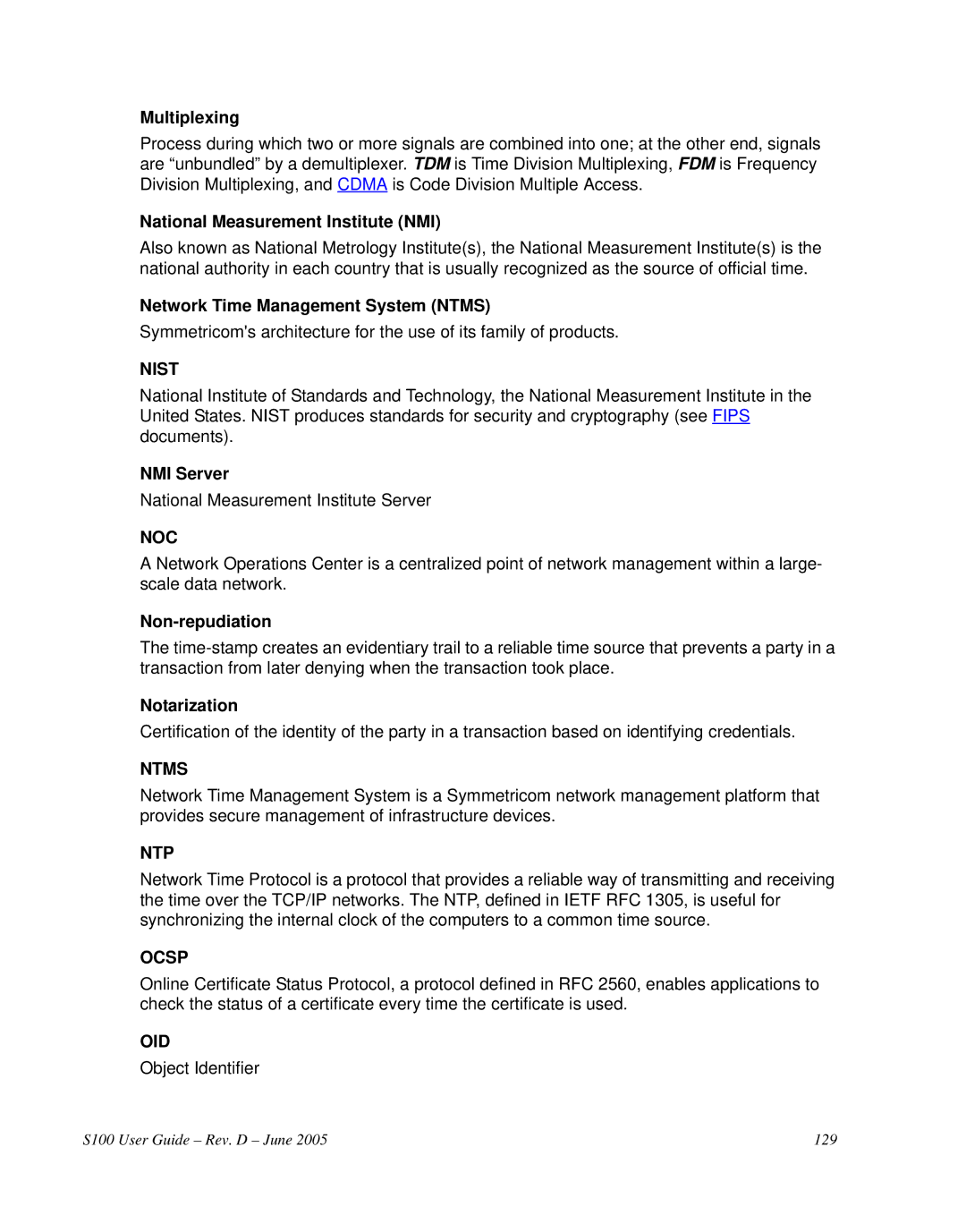 Symmetricom S100 manual Nist, Noc, Ntms, Ntp, Ocsp, Oid 