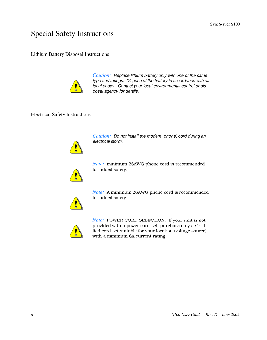 Symmetricom S100 manual Special Safety Instructions 