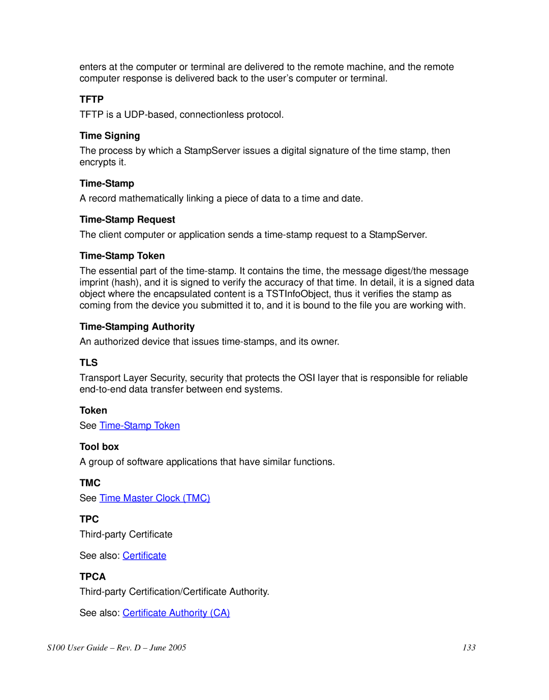 Symmetricom S100 manual Tftp, Tls, Tmc, Tpca 