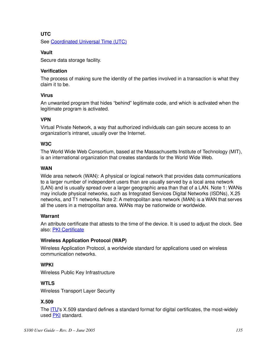 Symmetricom S100 manual Utc, Vpn, W3C, Wan, Wpki, Wtls 