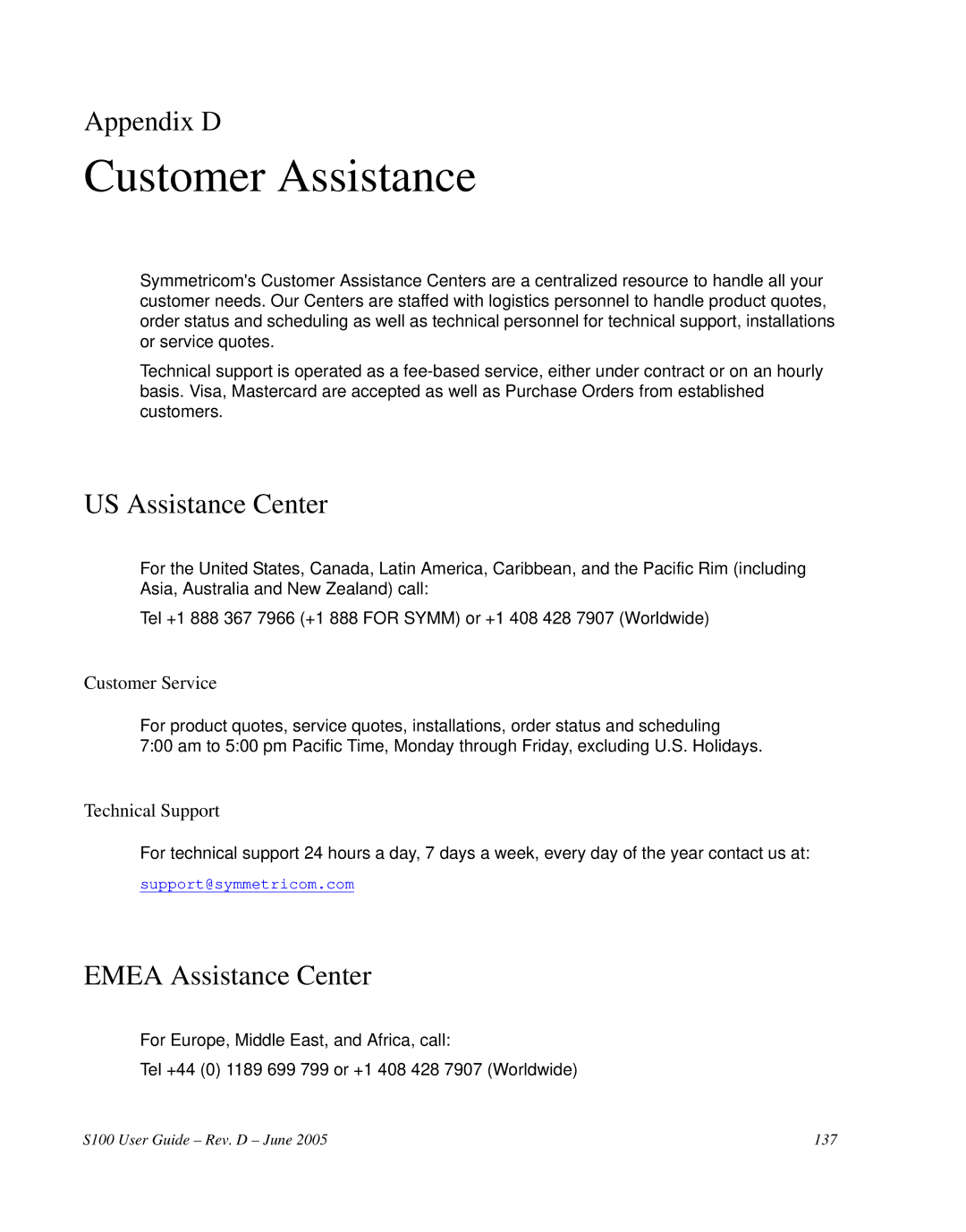 Symmetricom S100 manual Customer Assistance, Appendix D, US Assistance Center, Emea Assistance Center 