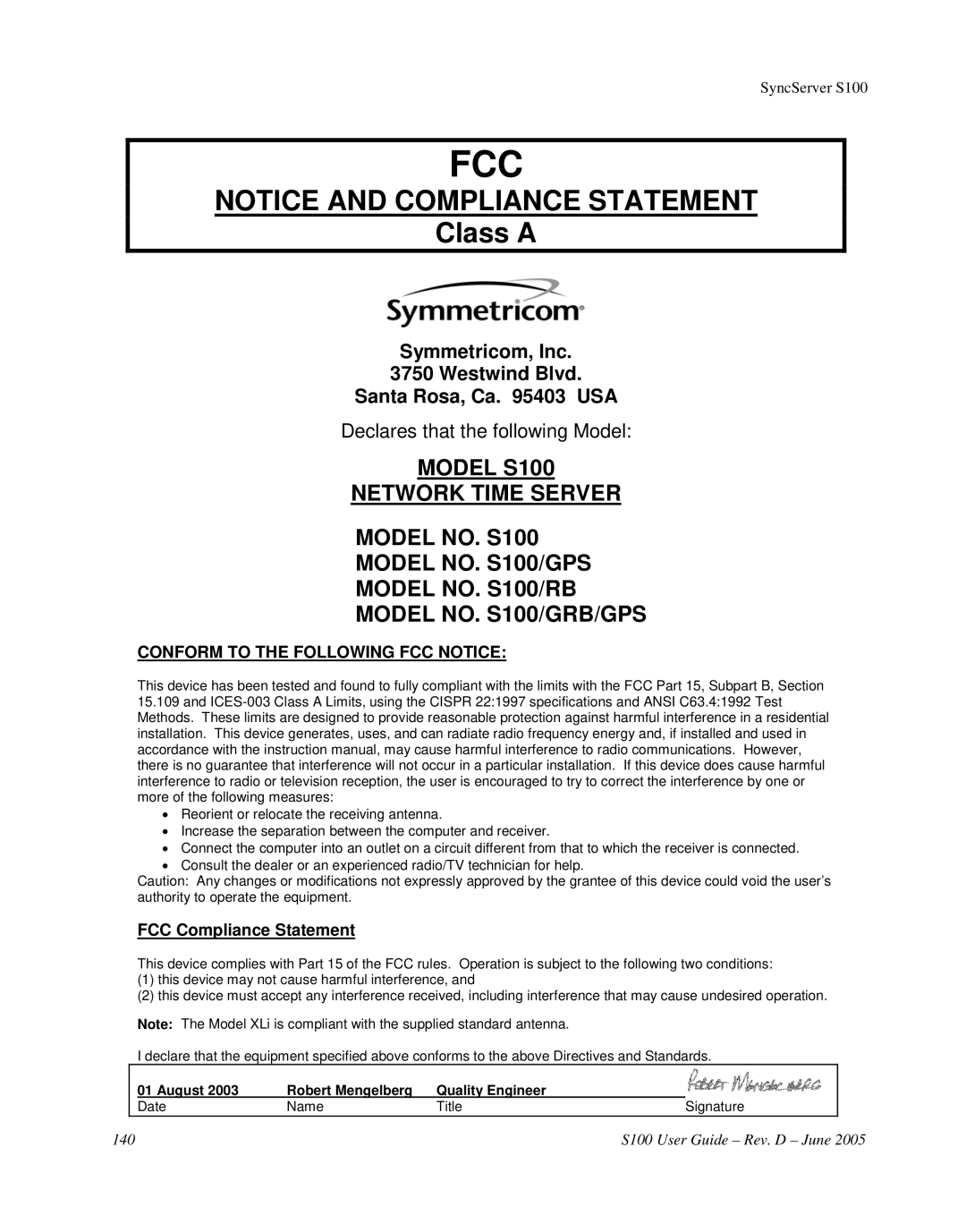 Symmetricom S100 manual Fcc 