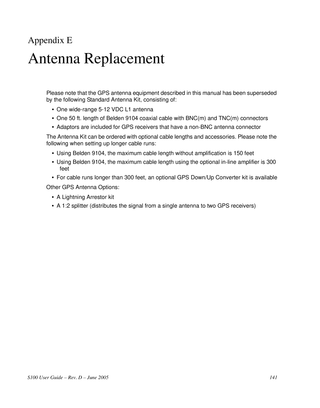 Symmetricom S100 manual Antenna Replacement, Appendix E 